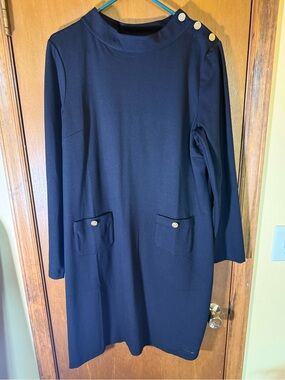 Talbots Black Long Sleeve Shift Dress with Gold Buttons